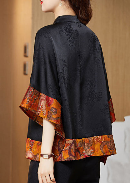 Black Mandarin Collar Asymmetrical Patchwork Jacquard Silk Shirts Batwing Sleeve