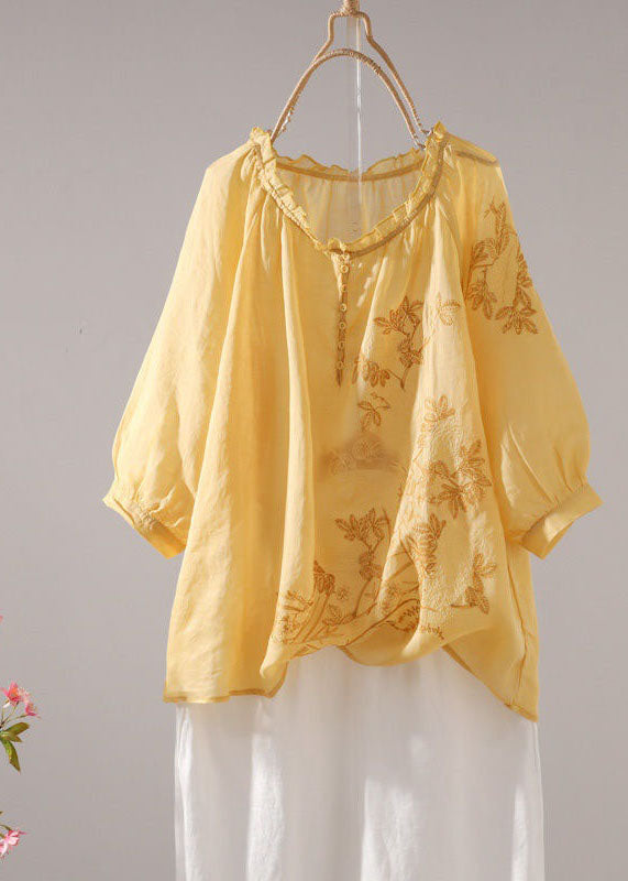 Yellow Ruffled Patchwork Linen T Shirt Tops Summer