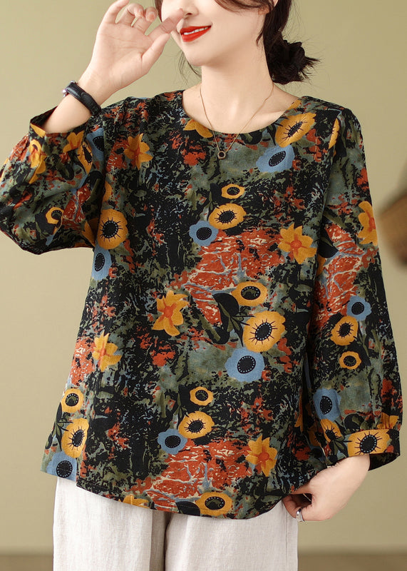 Red O Neck Print Cotton T Shirts Top Long Sleeve