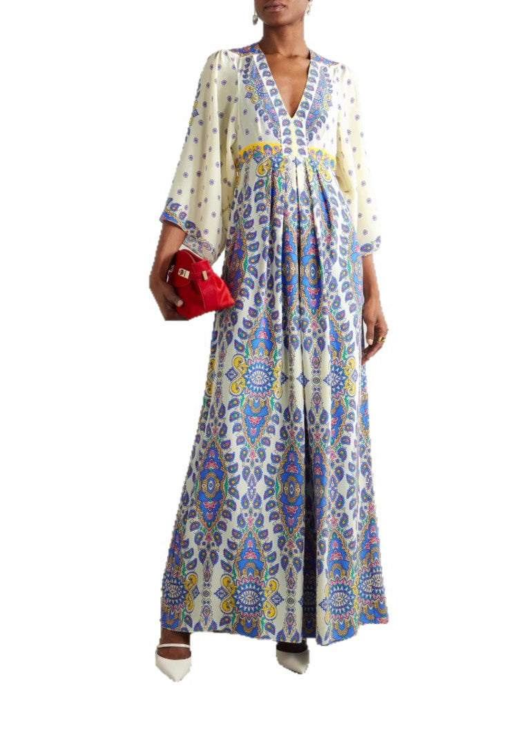 Blue V Neck Print Cotton Maxi Dresses Summer