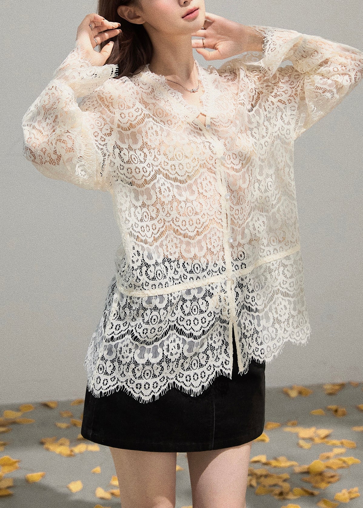 Beige Embroidered Hollow Out Lace Shirt Top Summer
