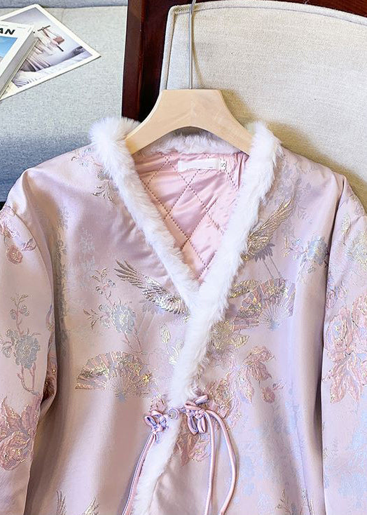 Pink Fur Collar Chinese Button Thick Parkaer Winter