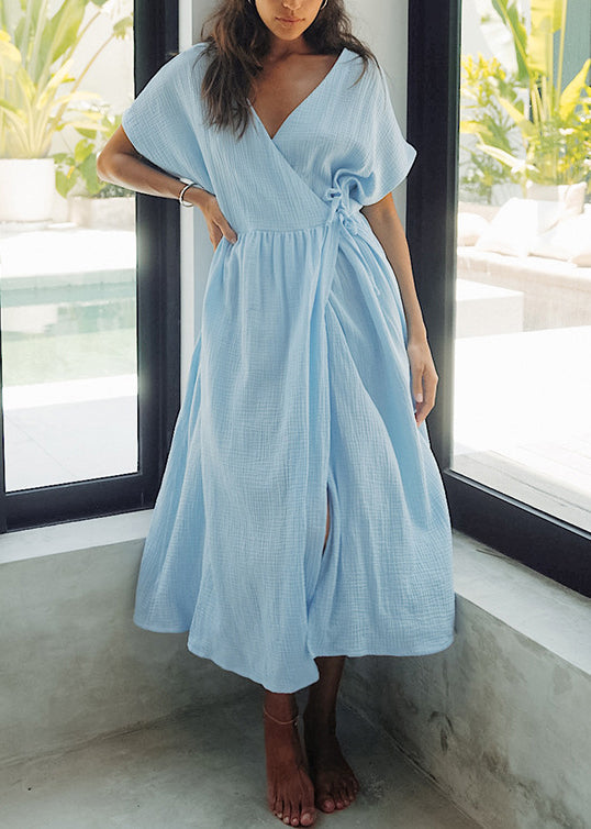 Handmade Cozy Blue V Neck Lace Up Patchwork Cotton Dress Summer