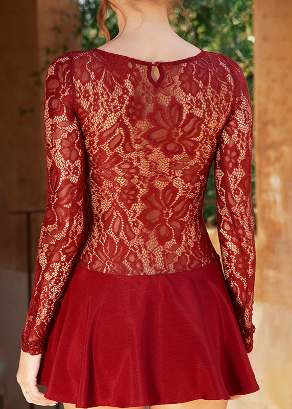 Red Hollow Out Lace Mid Dress Spring