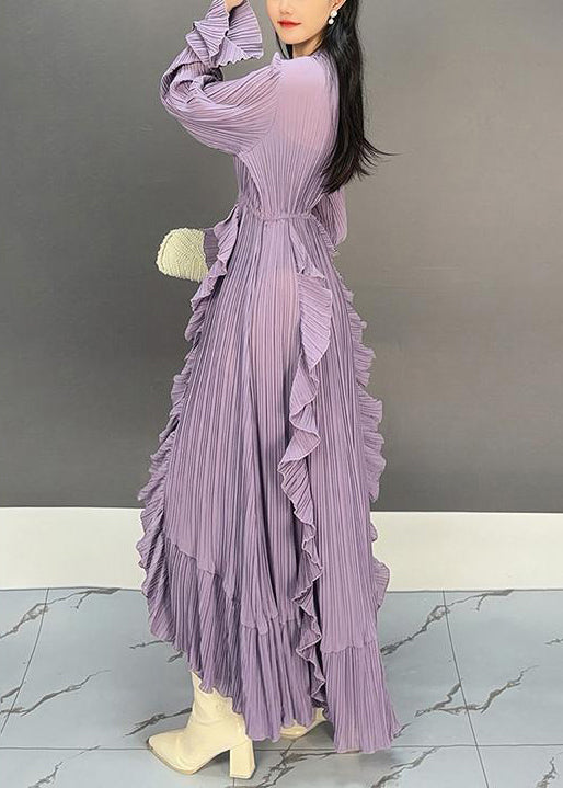 Purple V Neck Ruffled Long Dresses Flare Sleeve