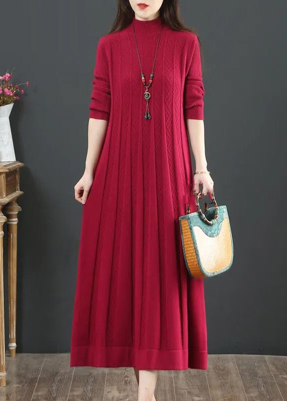 Green Stand Collar Exra Large Hem Knit Holiday Dress Spring