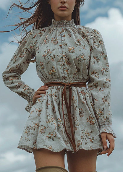 Ruffled Print Pastoral Style Cotton Mini Dress Spring