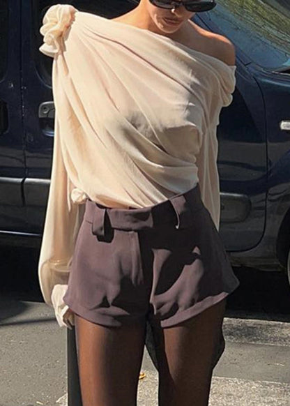 Unique Apricot Cold Shoulder Wrinkled Chiffon Tops Spring