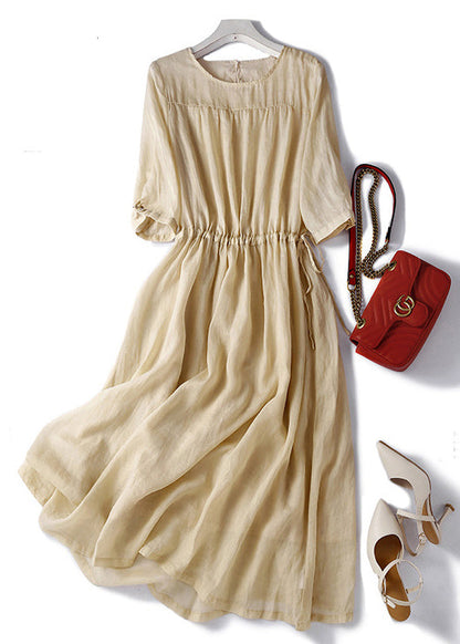Light Khaki O Neck Lace Up Cotton Dress Summer