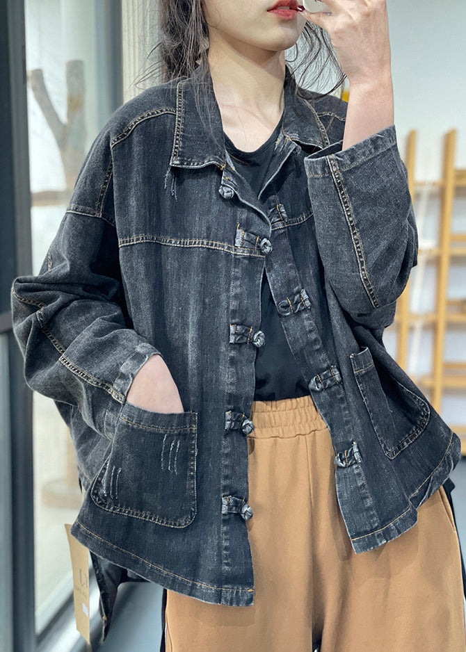 Black Peter Pan Collar Button Pockets Denim Coats Long Sleeve