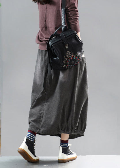 Grey Black Wrinkled Patchwork Corduroy Skirts Spring