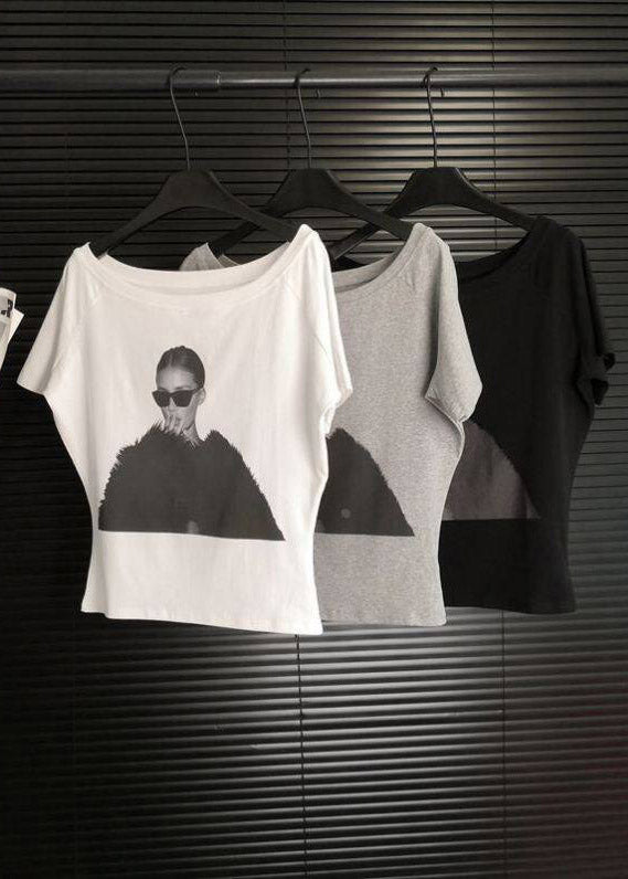 Handmade White O-neck Belle Print T Shirt Summer