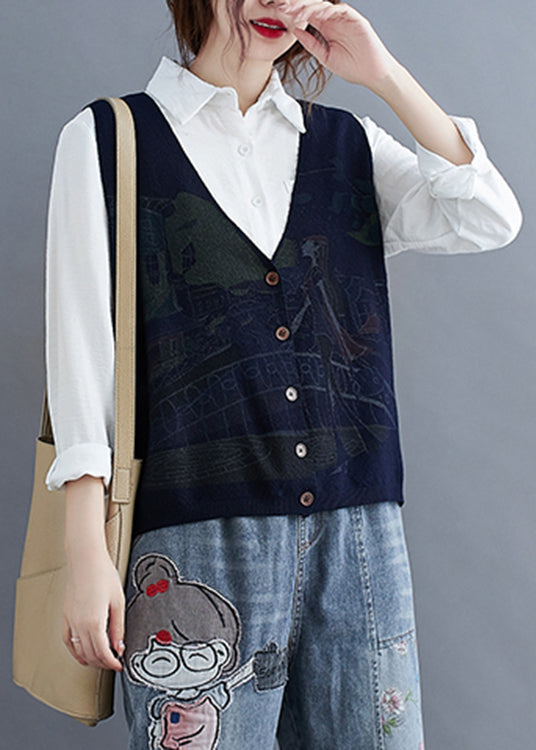 Navy Blue V Neck Print Side Open Knit Waistcoat Sleeveless