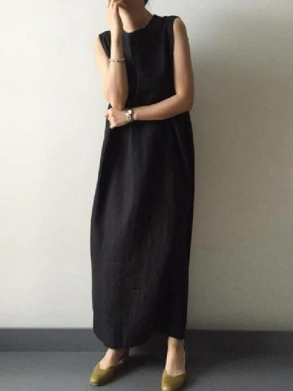 Black Cotton Linen Robes O Neck Side Open Cotton Robes Dresses