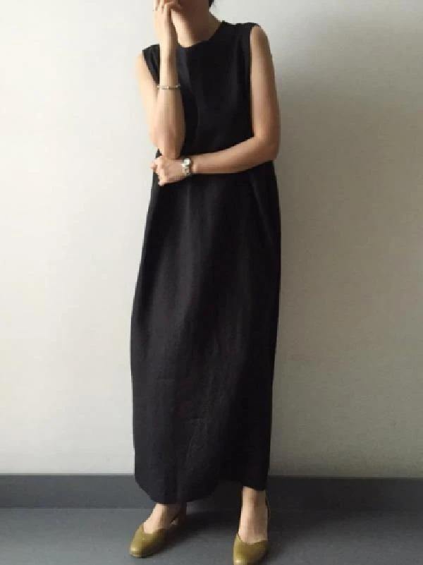 Black Cotton Linen Robes O Neck Side Open Cotton Robes Dresses