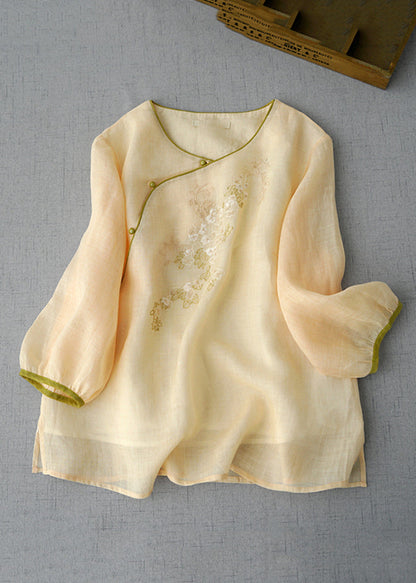 Apricot Embroidered Patchwork Button Shirt Summer