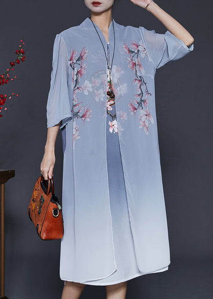 Blue Print Silk Fake Two Piece Dress Summer