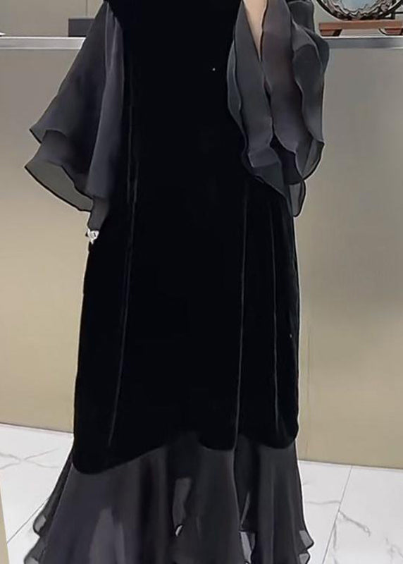 Black O-neck Patchwork Silk Velvet Maxi Dress Butterfly Sleeve