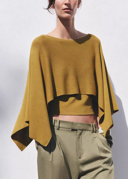 Simple Yellow O-neck Knit Top Batwing Sleeve