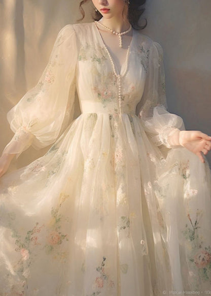 Beige V Neck High Waist Tulle Maxi Dresses Long Sleeve