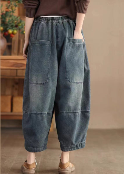 Blue Pockets Elastic Waist Cotton Harem Pants Spring