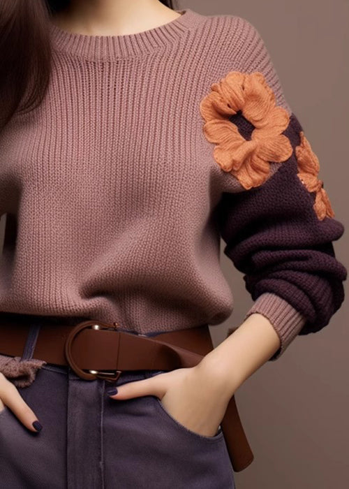 Art Purple O-neck Cozy Patchwork Knit Sweaters Winter
