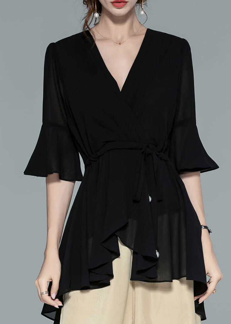Black Wrinkled Chiffon Shirts V Neck Half Sleeve