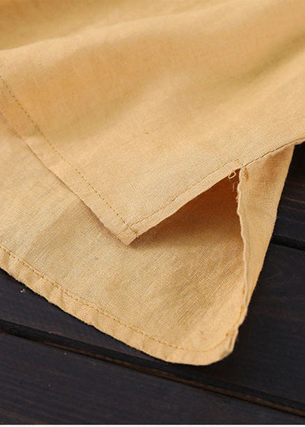 Style Yellow O-neck Embroidered Linen Top Three Quarter Sleeve