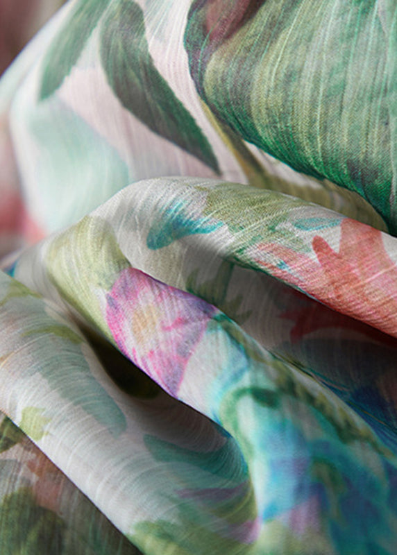 Multicolor O-neck Print Patchwork Silk Tops Summer