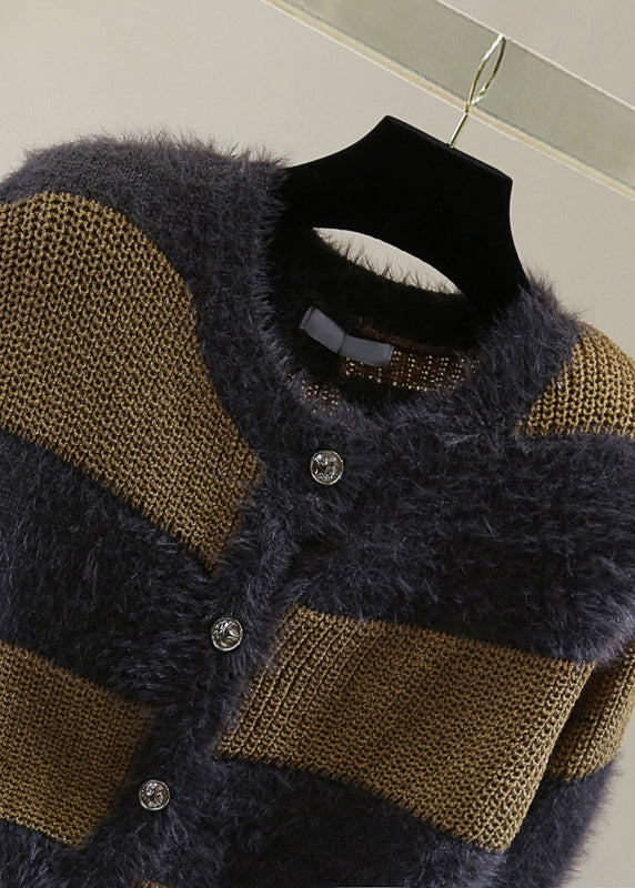 Unique Coffee O-neck Striped Hole Ma Hai Mao Cotton Knit Sweater Winter
