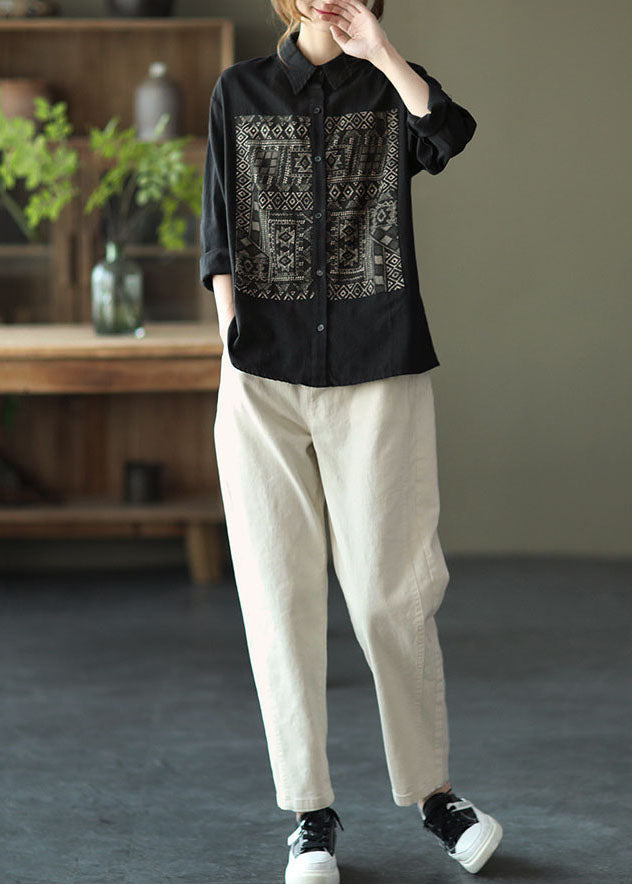 Black Peter Pan Collar Print Cotton Shirt Tops Long Sleeve