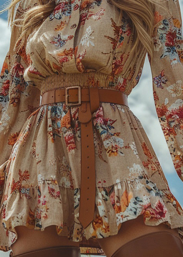 Ruffled Print Patchwork Cotton Mini Dress Long Sleeve