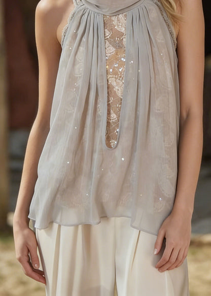 Light Blue Lace Patchwork Chiffon Top Sleeveless