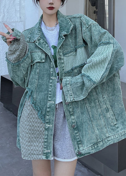 Green Peter Pan Collar Patchwork Denim Jacket Fall