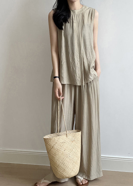New Khaki Tops and Pants Cotton Two Pieces Set Summer