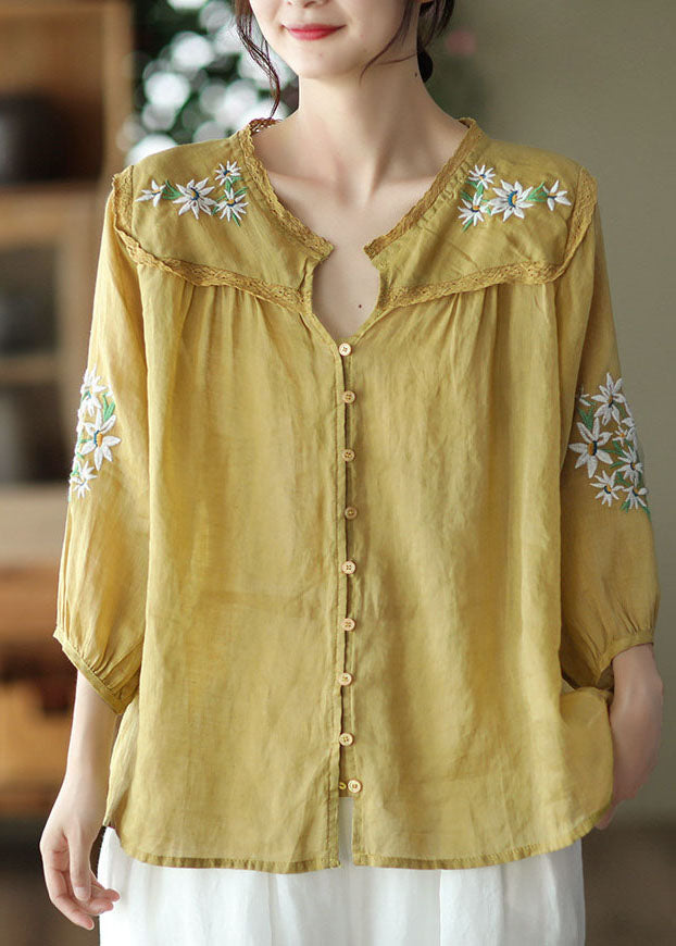 Navy Patchwork Linen Shirts Embroidered Button Bracelet Sleeve