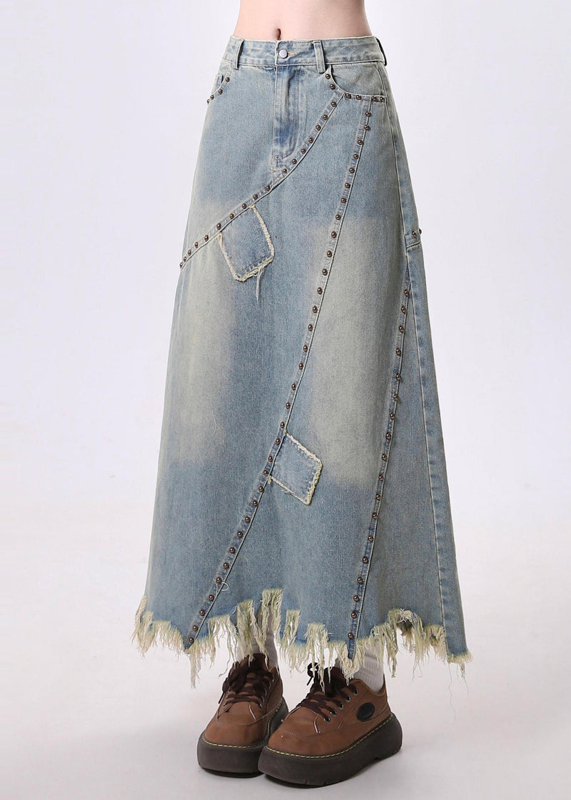 Blue Tasseled Patchwork Rivet Denim a Line Skirt Spring