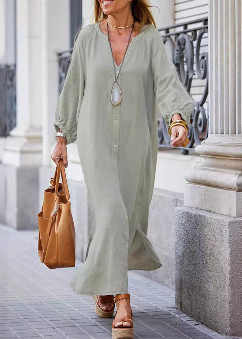 White V Neck Button Cotton Dress Summer