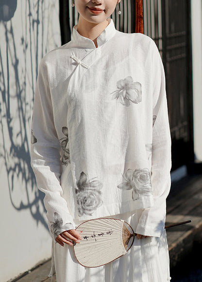 Chinese Style Grey Stand Collar Print Oriental Button Cotton Shirts Spring
