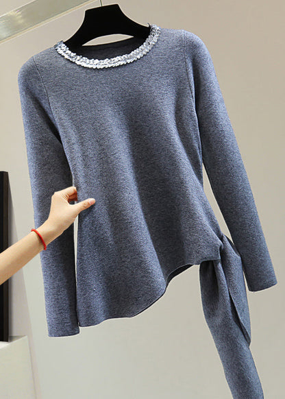 Grey O-neck Tie Waist Cotton Knit Sweater Long Sleeve