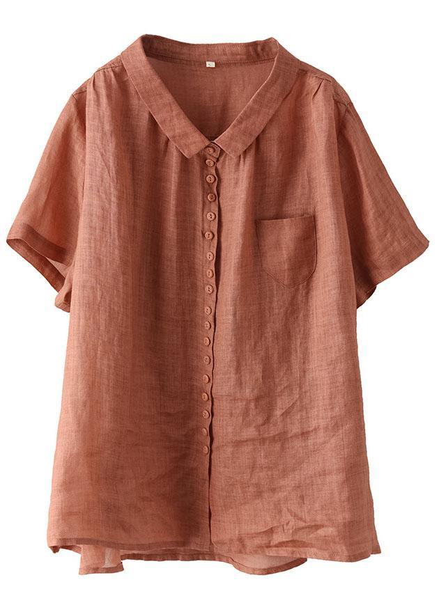 Orange Peter Pan Collar Pockets Patchwork Ramie Cardigan