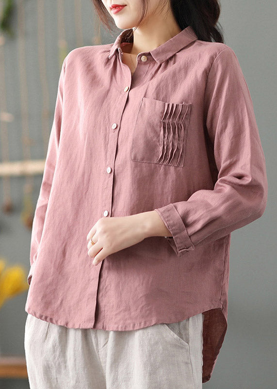 Pink Peter Pan Collar Patchwork Button Low High Design Linen Shirt Long Sleeve