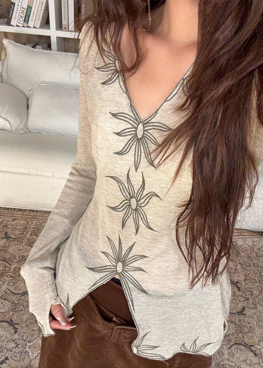 Beige V Neck Embroidered Cotton Top Fall