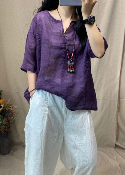 Purple V Neck Patchwork Linen Tops Short Sleeve