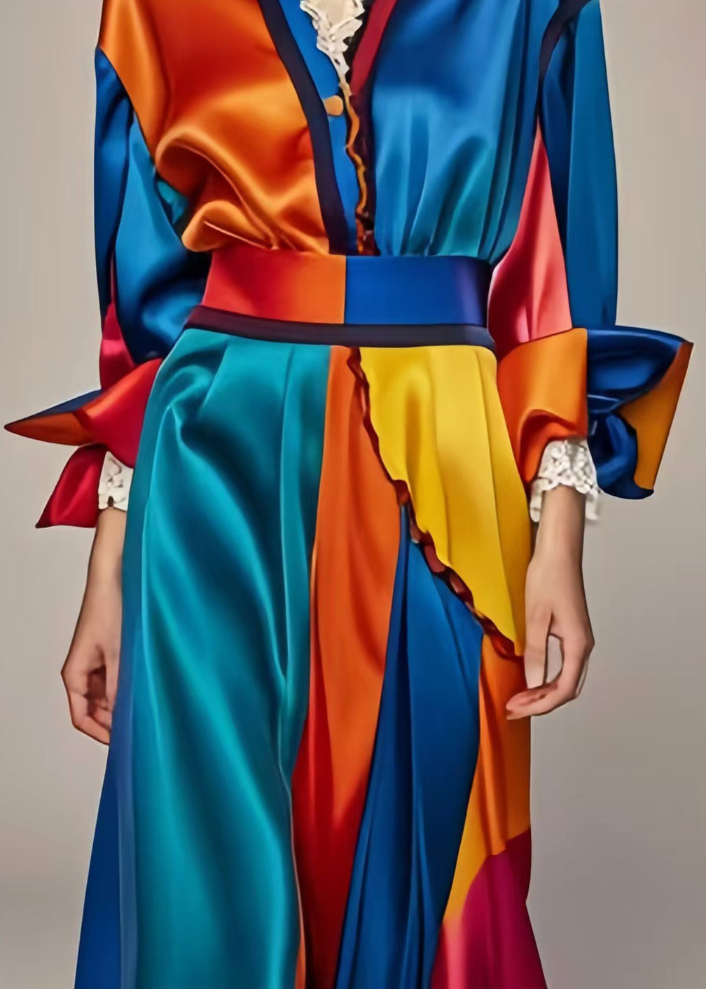 Blue Cinched Patchwork Silm Fit Silk Long Dresses Spring
