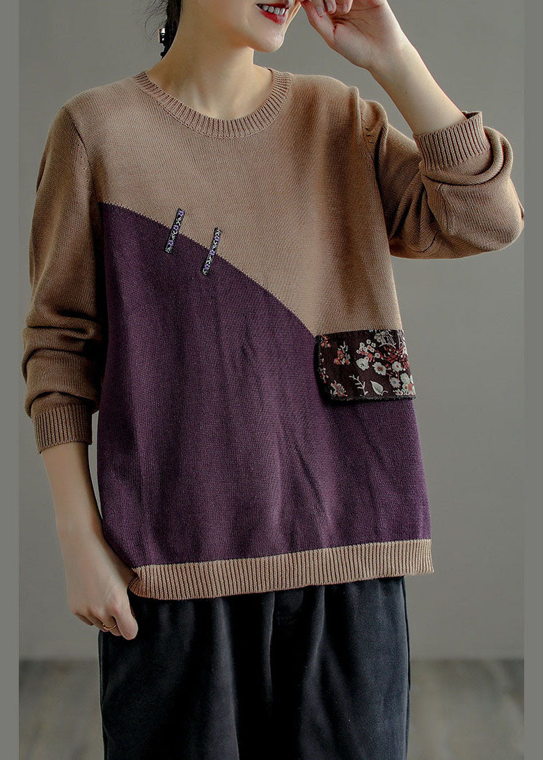 Chocolate Purple O-neck Patchwork Knit Sweater Top Long Sleeve