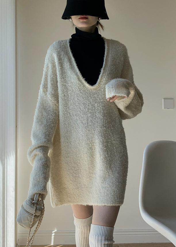 White Cozy Knit Winter Two Pieces Set V Neck