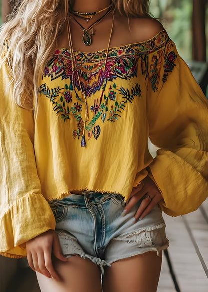 Yellow Slash Neck Print Cotton Shirts Spring