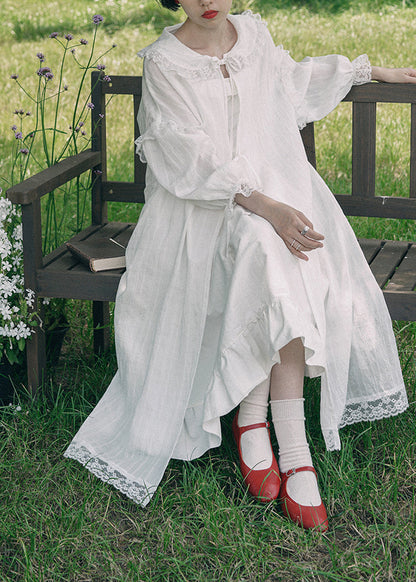 White Ruffled Lace Patchwork Cotton Long Cardigan Fall