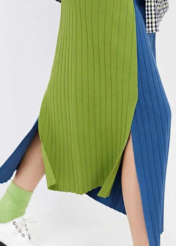 Blue Splicing Skirt Slit Design Knit a Line Skirts